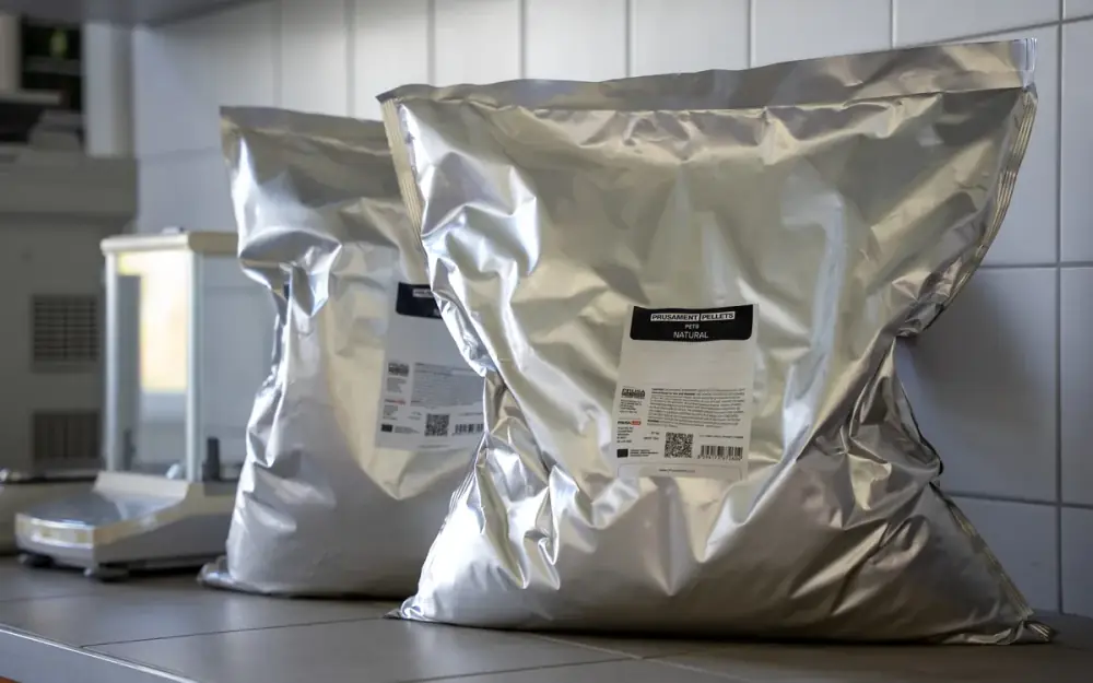 Два алюмінієво-пластикові мішки з гранулами Prusament Pellets на лабораторному столі біля ваг