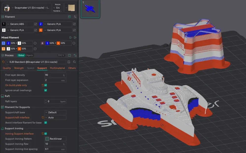 Скриншот OrcaSlicer 2.5.0: розділ «Mixed Filament» зі змішаними пластиками та попередній перегляд моделей з кількома кольорами